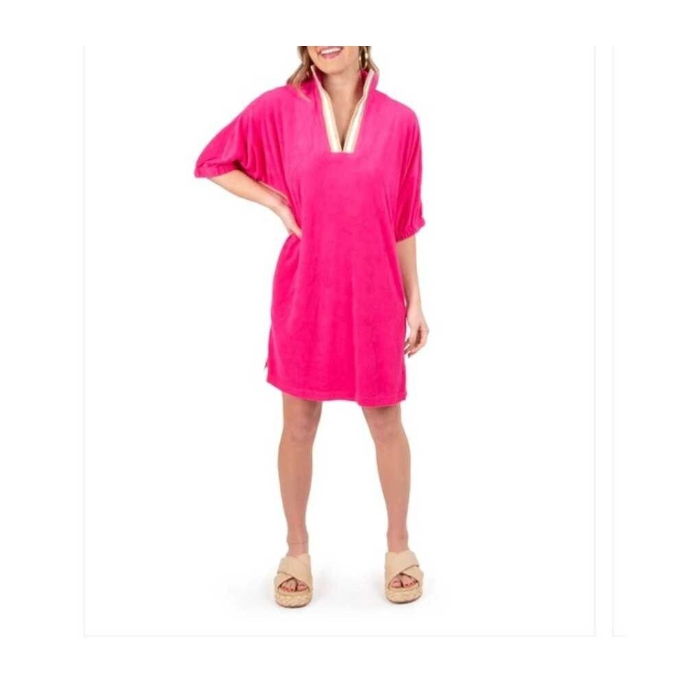 Emily McCarthy Poppy Caftan Cabana Terry Cloth Dress Pink W/White & Gold Trim XL